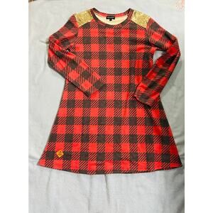 Simply Southern Buffalo Plaid Dress w/ Gold Shoulder Sequined Accent- size large